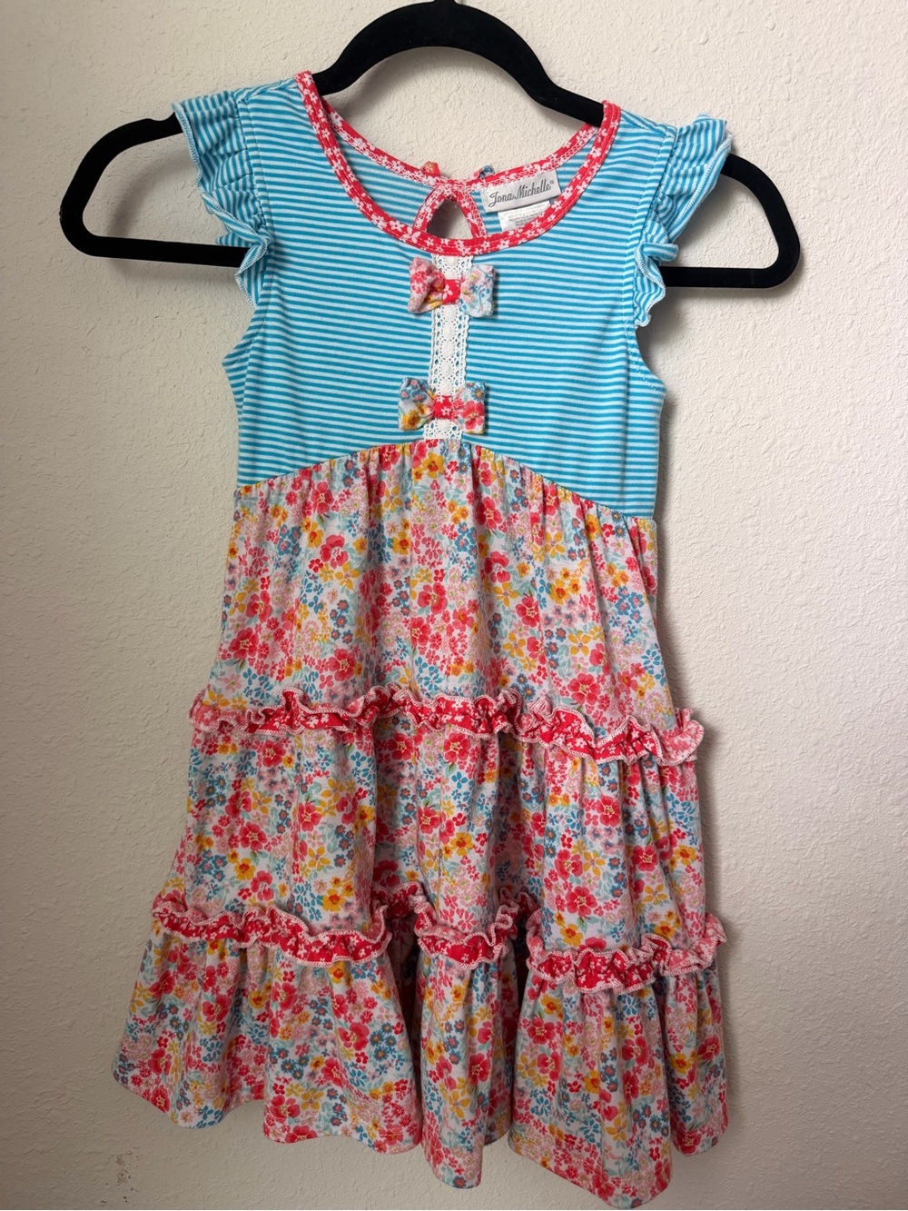 Jona Michelle Blue Striped Top with Coral Floral Tiered Skirt